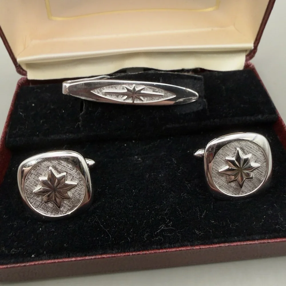 Swank Cufflinks Tie Clip Set Silver Tone Starburst Textured Mens Jewelry Boxed